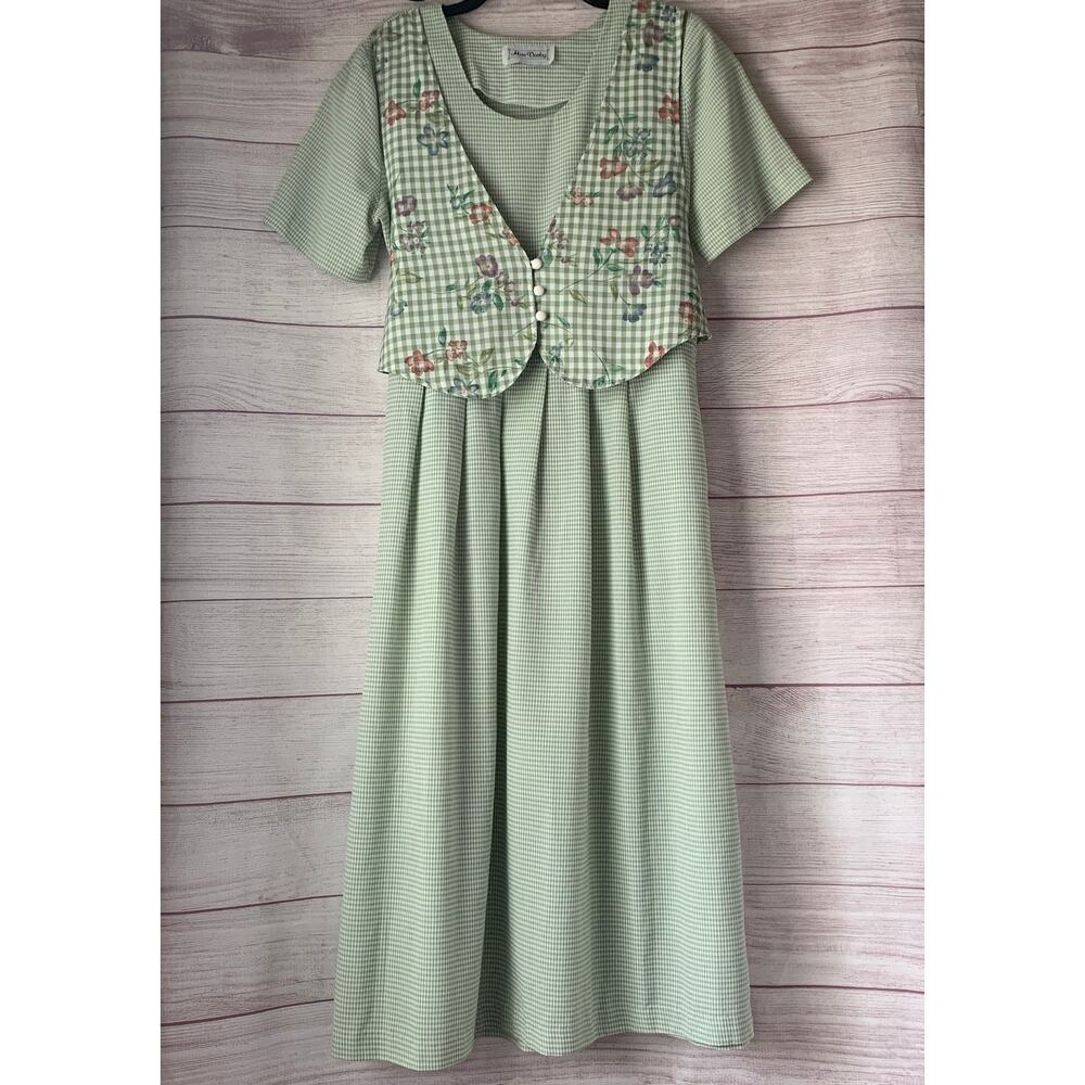 Vintage Miss Dorby Maxi Dress Green and White Gingham with Floral Attached Vest